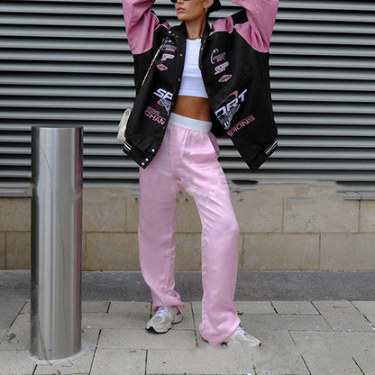 Women's Sports Style Printed Pink Casual Long-sleeved Jacket MuddyStock