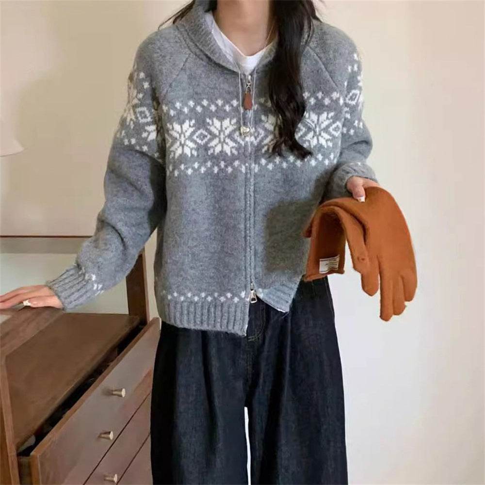 Retro Contrast Color Jacquard Weave Zip Sweater Women's Coat Gray Free Size MuddyStock