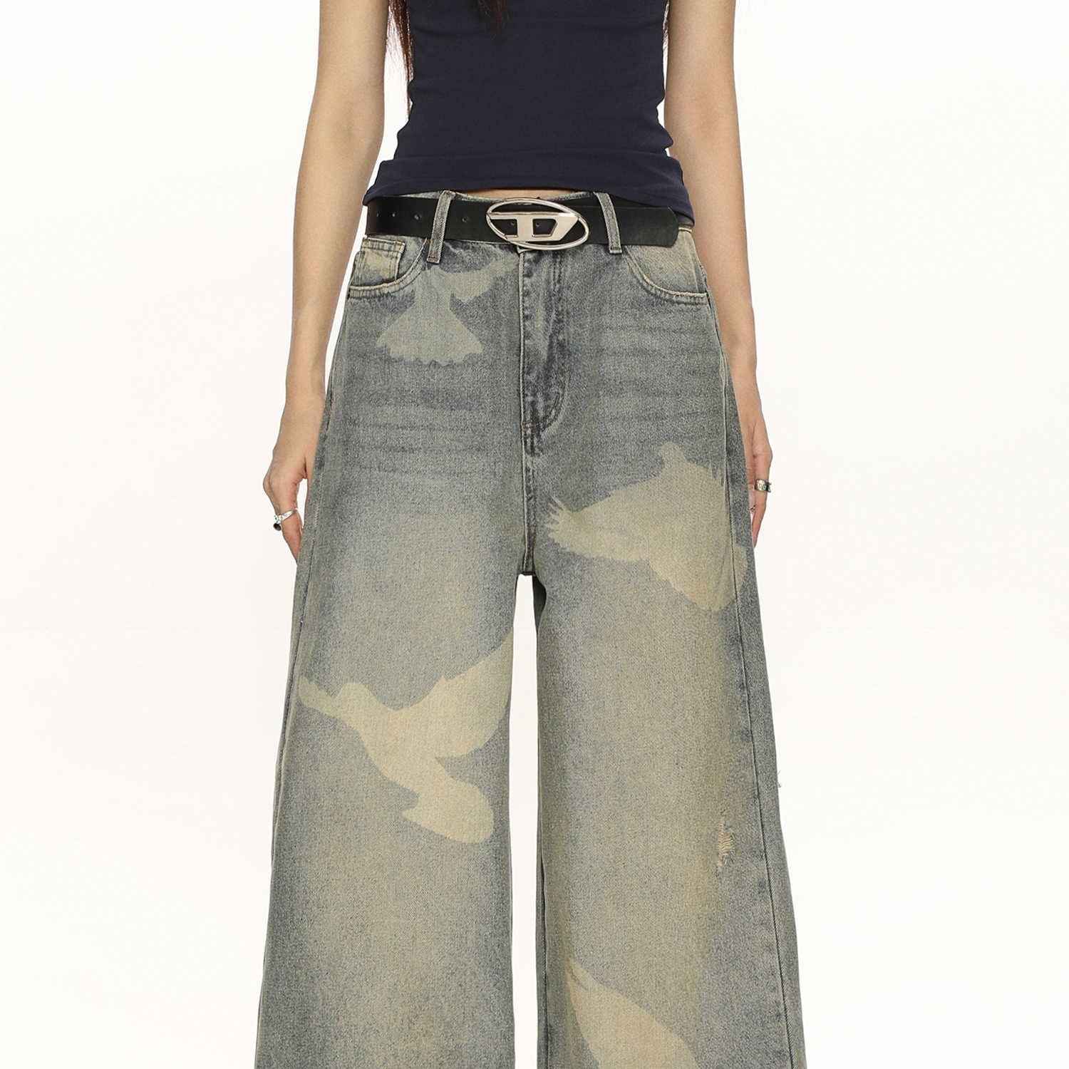 High-grade Pigeon Printed Personalized Chic Jeans MuddyStock