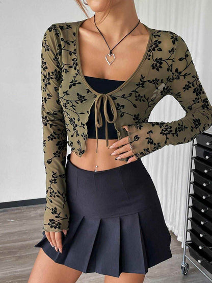 European And American Elegant Women's Transparent Mesh Flocking Front Lace-up Top Army Green MuddyStock