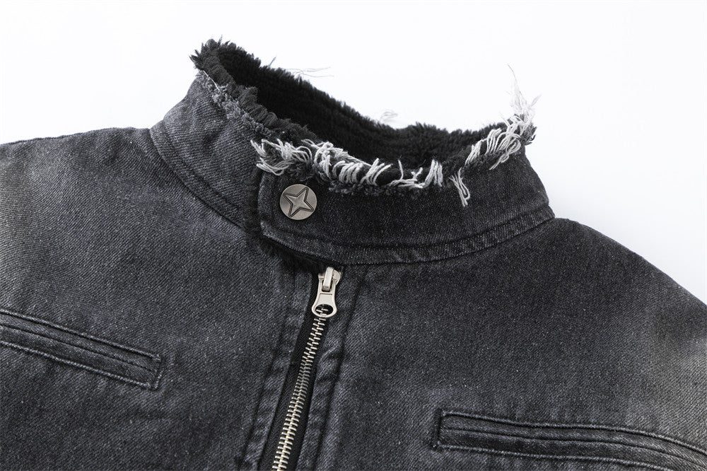Washing Gradient Frayed Hem Denim Jacket For Women MuddyStock null