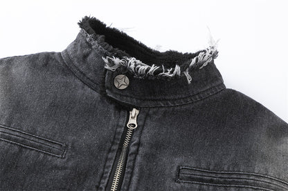 Washing Gradient Frayed Hem Denim Jacket For Women MuddyStock null