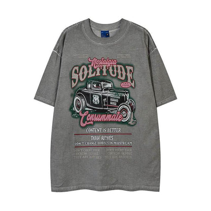 Vintage Car Print Distressed Short Sleeve Men And Women MuddyStock