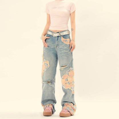 Women's Vintage Lace Stitching Ripped Jeans MuddyStock