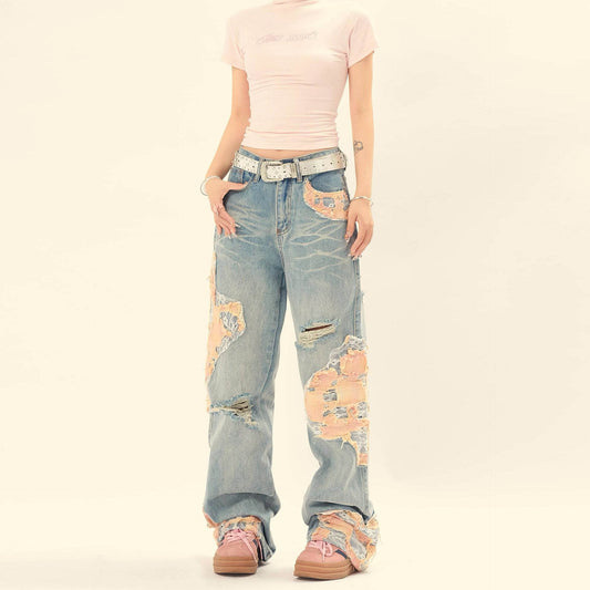 Women's Vintage Lace Stitching Ripped Jeans MuddyStock