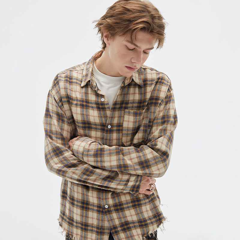 Vintage Brushed Plaid Long Sleeve Shirt For Men null