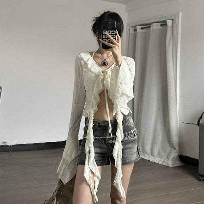 Ruffled V-neck Cropped Top For Women White