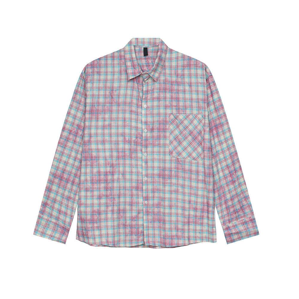 Men's Vintage Tie-dye Plaid Long-sleeved Shirt Pink MuddyStock