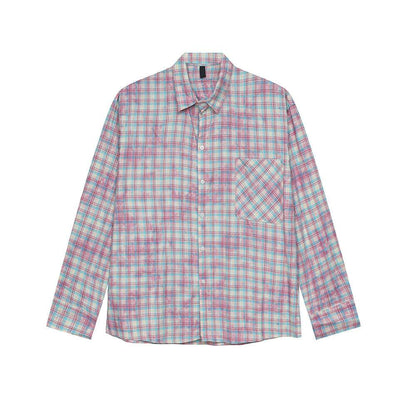 Men's Vintage Tie-dye Plaid Long-sleeved Shirt Pink MuddyStock