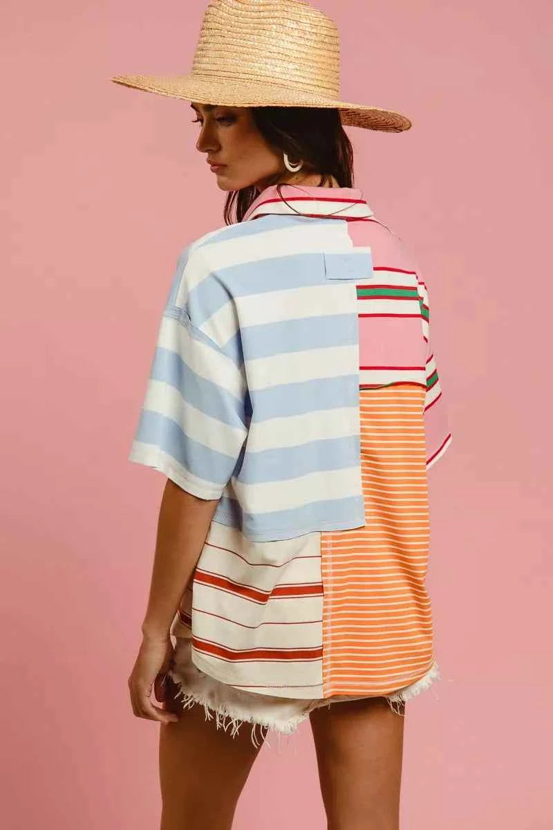 Mix And Match Stripe Color Block T-shirt For Women Trendsi