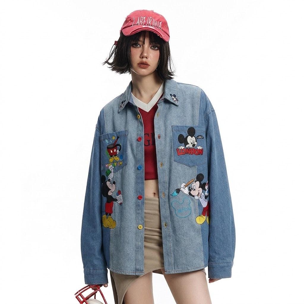Mickey cartoon embroidered denim shirt for women | MuddyStock Originals