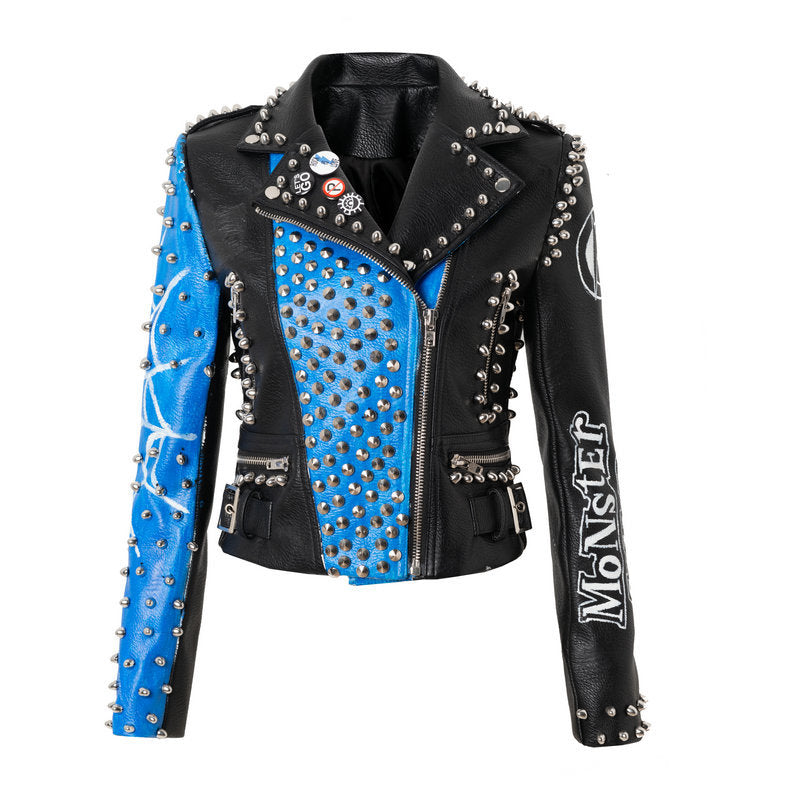 European And American Motorcycle Leather Jacket For Women Blue