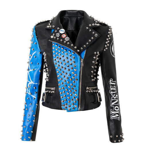 European And American Motorcycle Leather Jacket For Women Blue