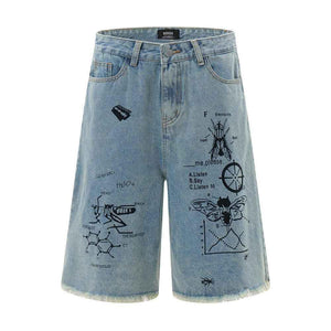 Printed Denim Straight Shorts For Men Blue