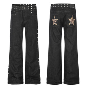 Retro Studded Leopard-print Patch Flared Jeans For Women Black All Products