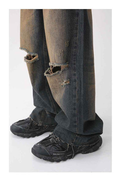 Men's Retro Distressed Rust Earthy Hole Raw Hem Jeans MuddyStock