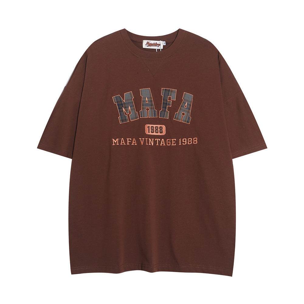 Letter Patch Embroidered Casual T-shirt For Women Brown MuddyStock