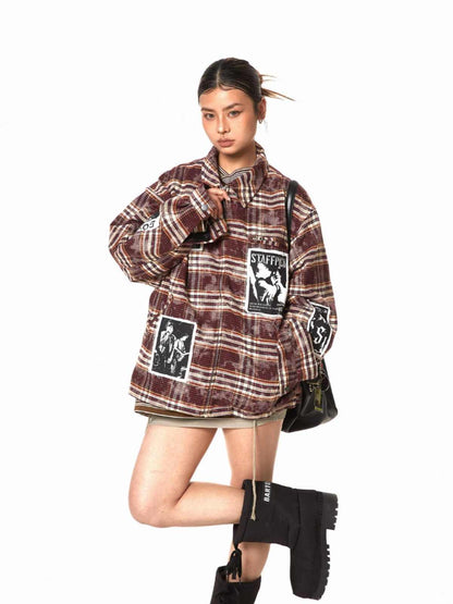 Retro Illustration Plaid Patch Jacket For Women MuddyStock
