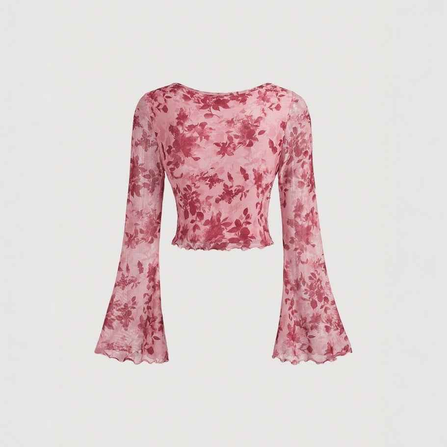 V-neck Lace Up Printed Long Sleeve Slim Women Top MuddyStock