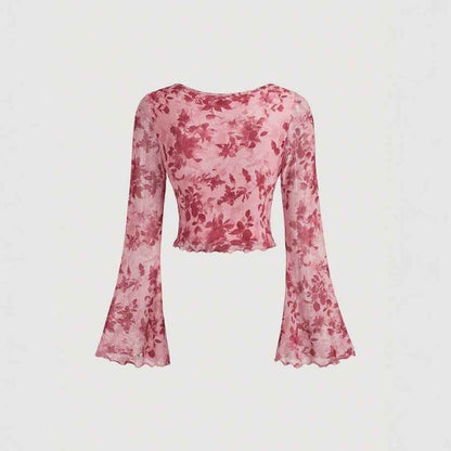 V-neck Lace Up Printed Long Sleeve Slim Women Top MuddyStock