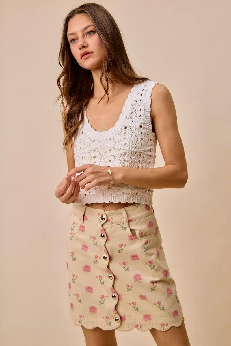 Floral Rose Print Cotton Twill Scallop Mini Skirt