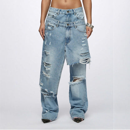 Loose Hip Hop Ripped Beggar High Street Jeans Light Blue MuddyStock