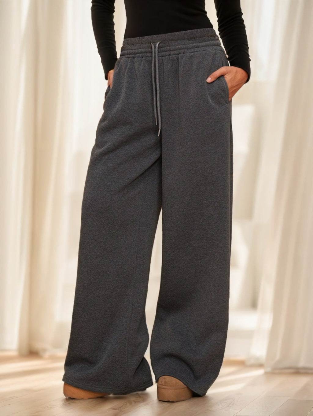 Autumn Winter New Thermal Lined Thick Casual Versatile High Waist Elastic Waist Loose Wide Leg Sweatpants Dark Grey MuddyStock