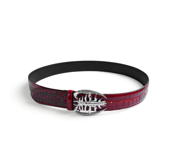 Metal Ribbed Buckle Niche Belt Red 110cm