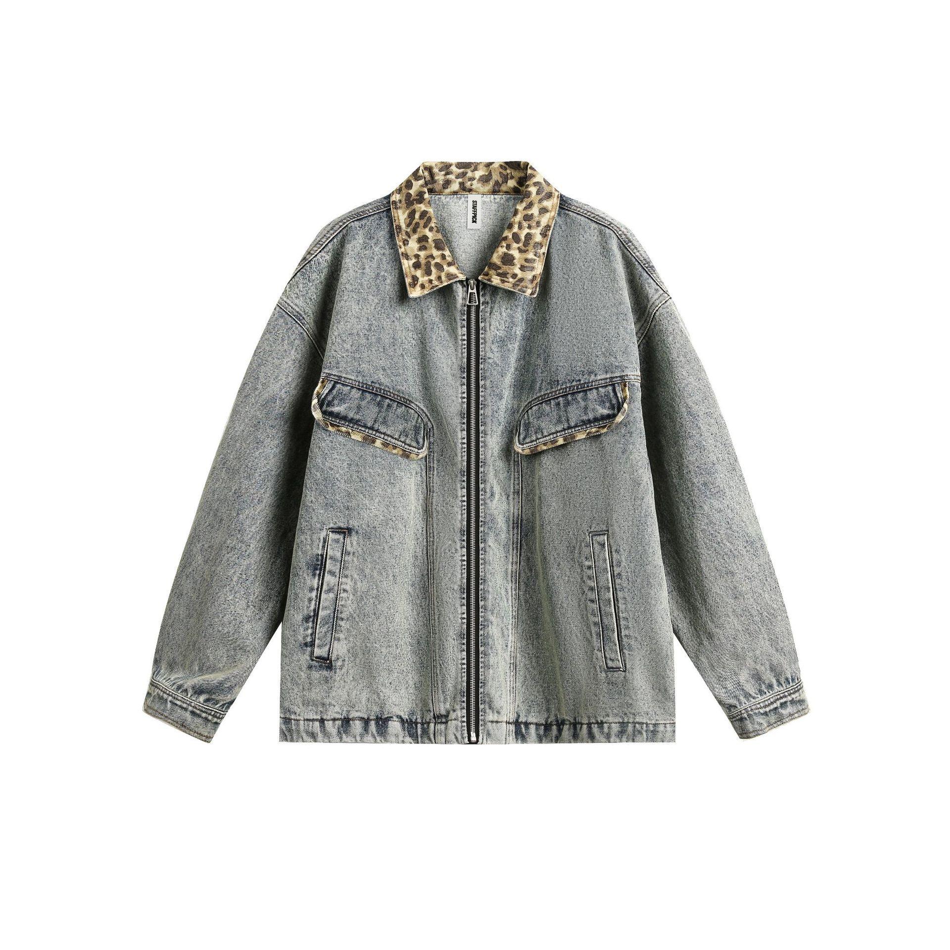 American-style Retro Street Washed Leopard Print Lapel Jacket For Women Blue null