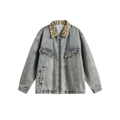 American-style Retro Street Washed Leopard Print Lapel Jacket For Women Blue null
