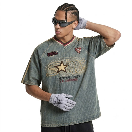 Men's Retro Punk Street-Style Patchwork Raglan Half-Sleeve T-shirt