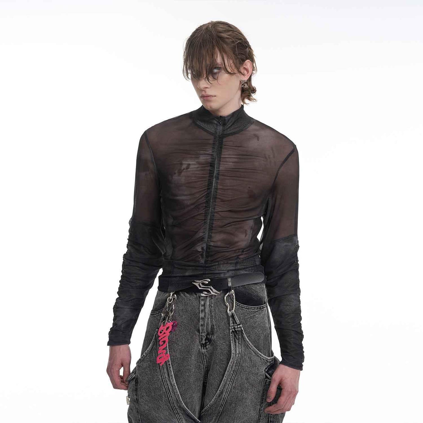 Half Turtleneck Mesh Zipper Bottoming Shirt For Men Black Gray null