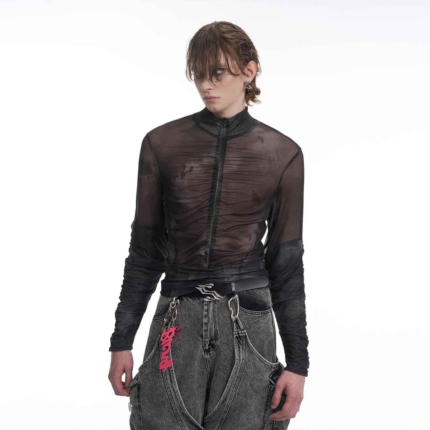 Half Turtleneck Mesh Zipper Bottoming Shirt For Men Black Gray null