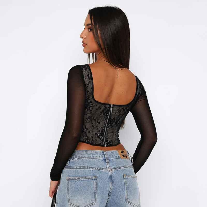 Lace Stitching Girdle Printed Long-sleeved Top For Women MuddyStock