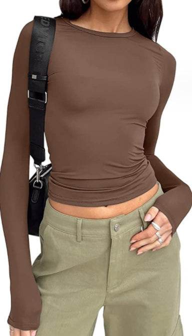 Women's Clothing Fashion Slim Long-sleeved Pullovers Tops Solid Causal Fit Shirts Color23 MuddyStock