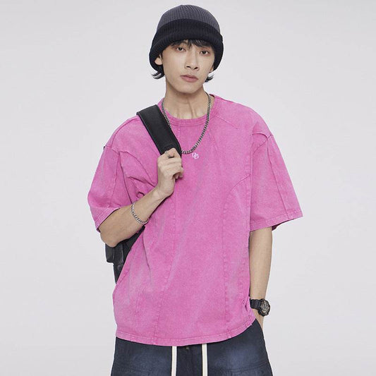American Washed Patchwork Short-sleeved T-shirt Men MuddyStock