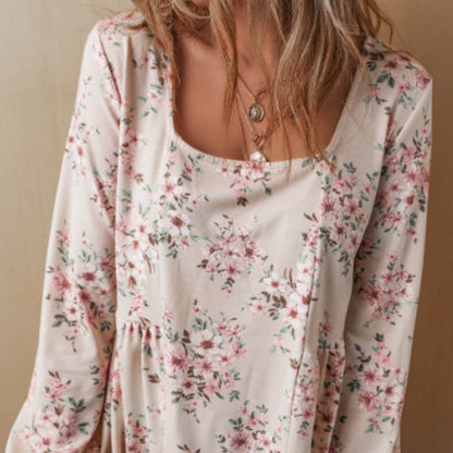 Floral Print Pleated U Neck Loose Fit Blouse MuddyStock