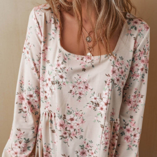Floral Print Pleated U Neck Loose Fit Blouse MuddyStock