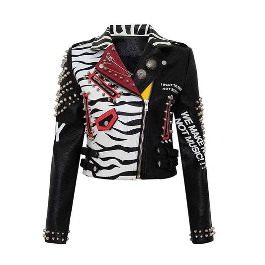 European And American Graffiti Slim Leather Jacket For Women Black
