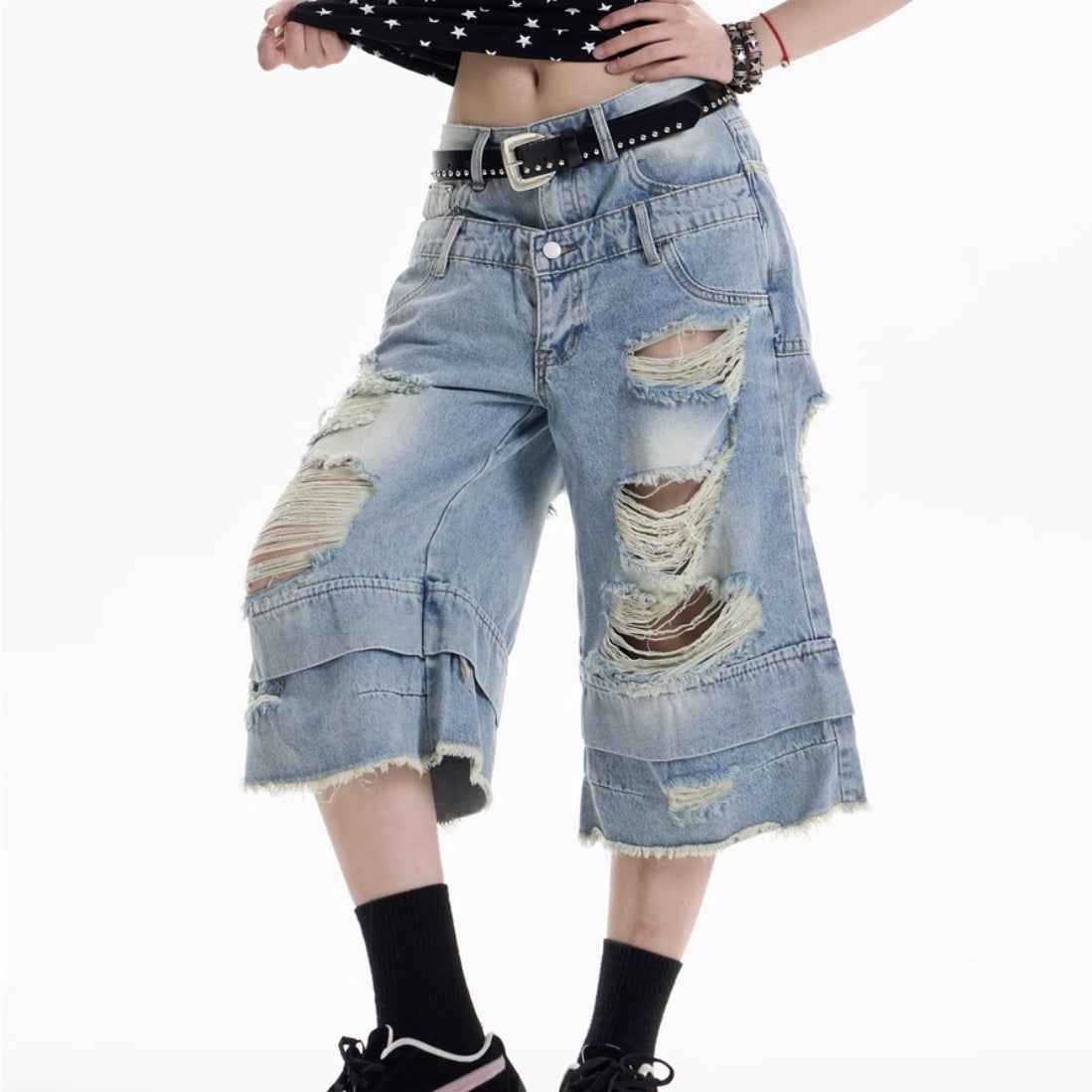 Ripped Denim Cropped Pants For Women