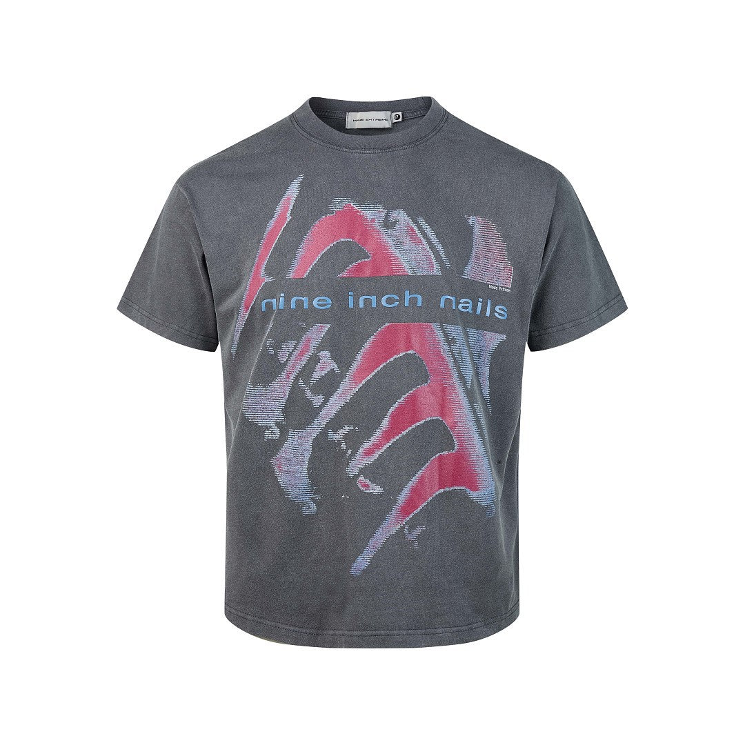 American-style Vintage Washed-and-distressed Print Relaxed-fit Short Sleeve For Men Gray