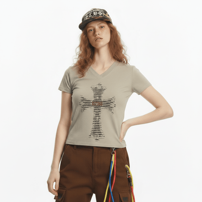 Print V-Neck Short Sleeve T-Shirt for women | MuddyStock Originals