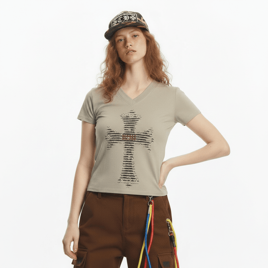Print V-Neck Short Sleeve T-Shirt for women | MuddyStock Originals