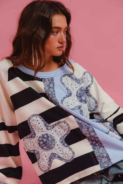 Patchwork Striped Round Neck Sweatshirt For Women Trendsi