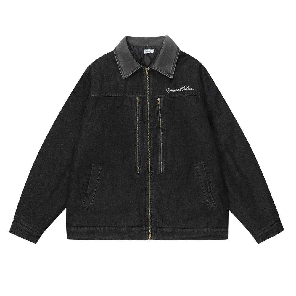 Color Stitching Turnover Neck Denim Jacket For Men And Women