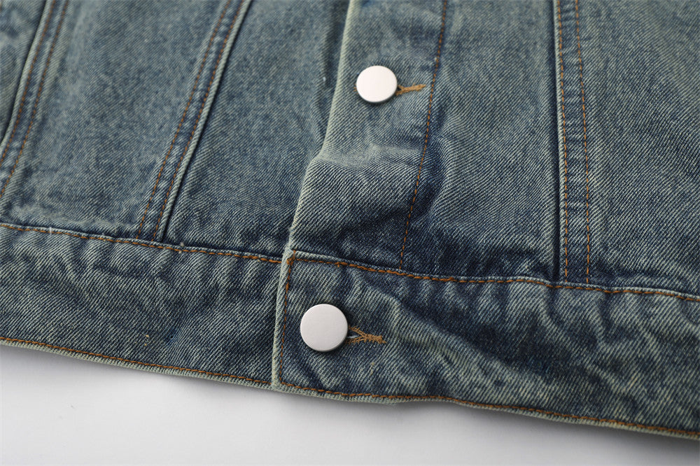 Five-pointed Star Patch Cat Beard Denim Washed Distressed Jacket For Women MuddyStock null