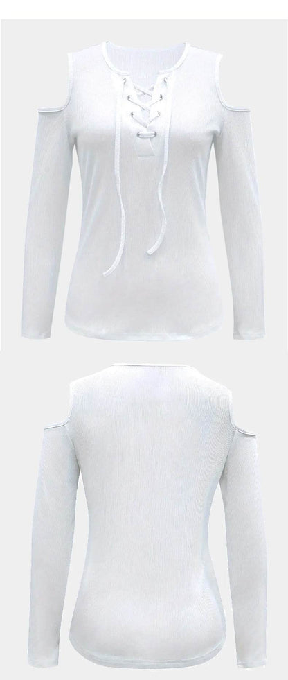 Women's V-neck Cut Shoulder Drawstring Tie Up T-shirt MuddyStock