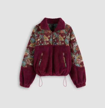 Women's Turn-down Collar Floral Cat Tie Hoodie Red MuddyStock