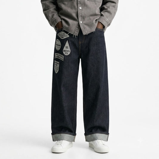 Patchwork wide leg denim pants for men | MuddyStock Originals
