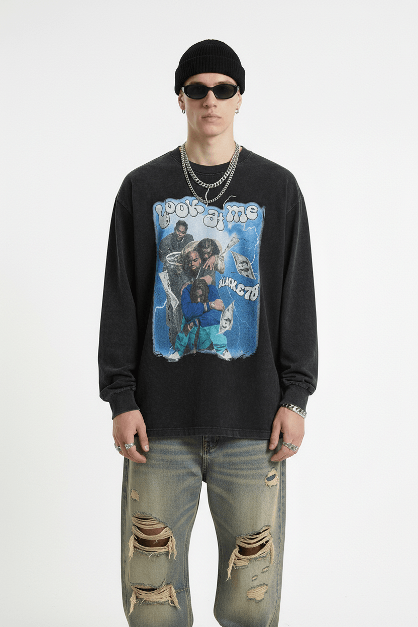 Men's Punk Wash Pure Cotton Long Sleeve t-shirt null